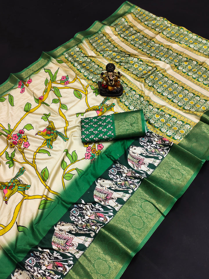 Elegant Dola-Silk Saree with Kalamkari Work | Ideal for Weddings & Festivals