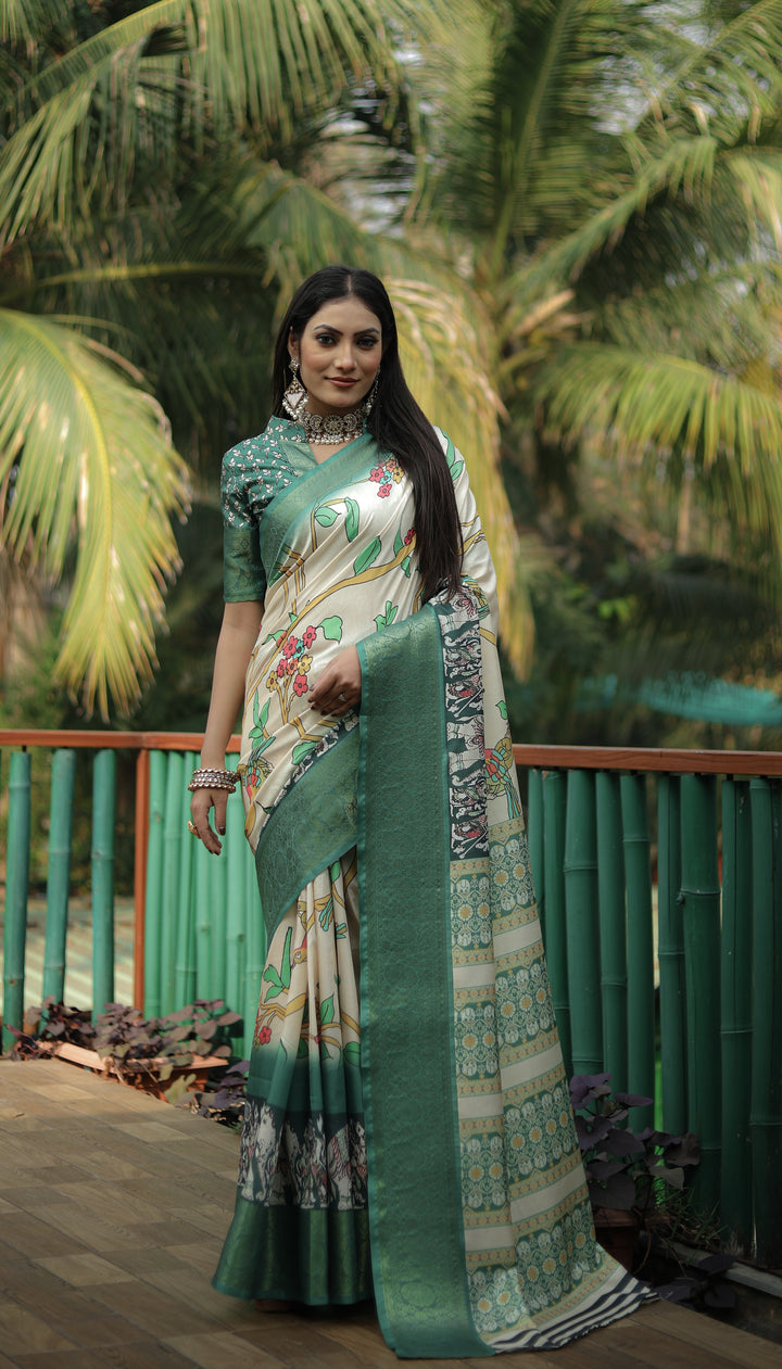 Elegant Dola-Silk Saree with Kalamkari Work | Ideal for Weddings & Festivals