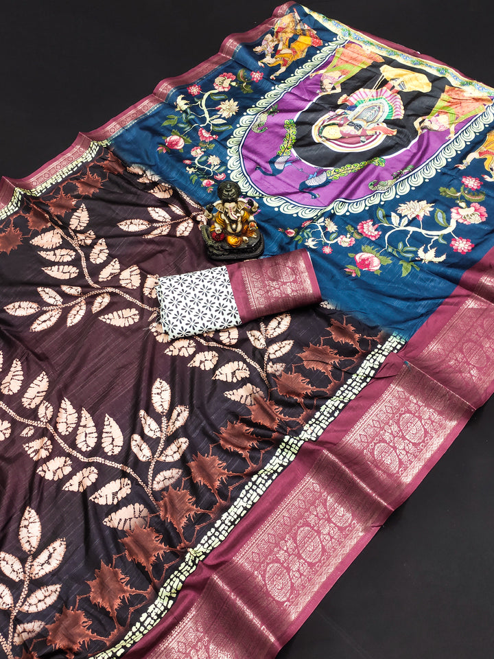 Dola Silk Saree | Wevon Border Kalamkari & Digital Print for Weddings