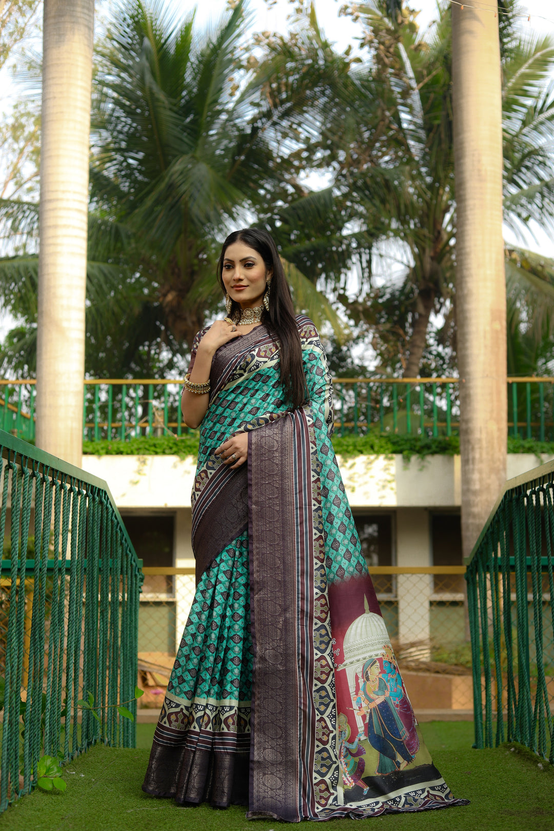 Dola-Silk Saree with Kalamkari Wevon-Border | Perfect for Weddings & Festive Events