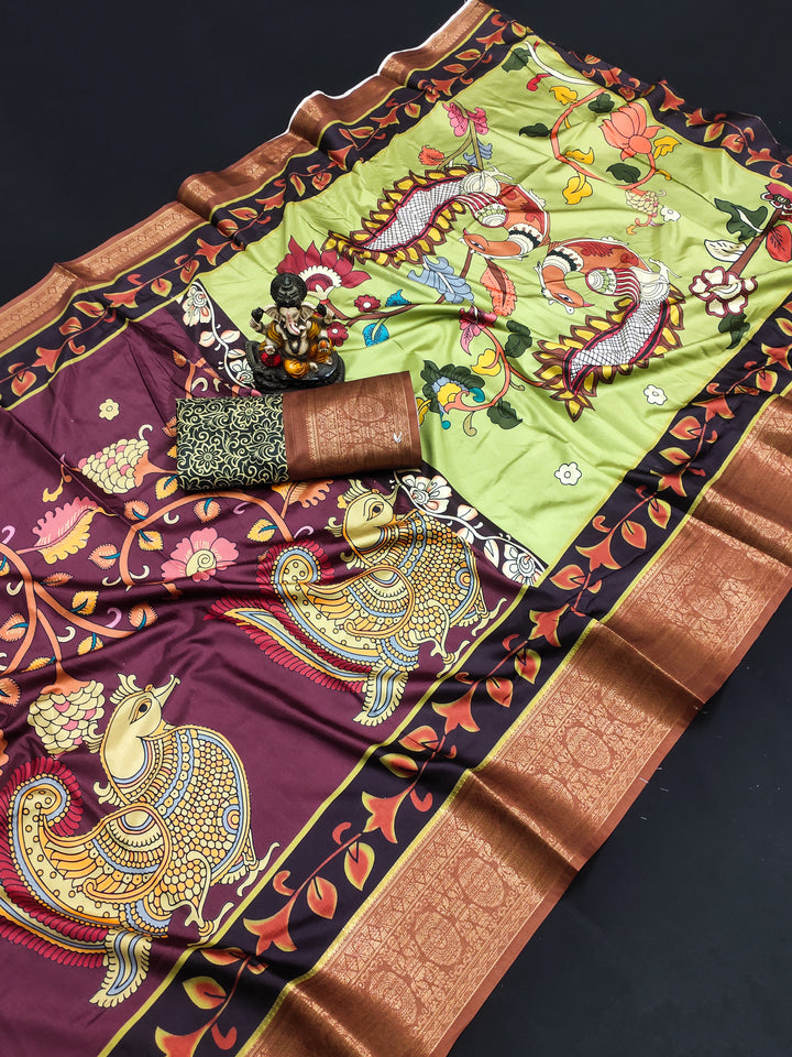 Dola-Silk Kalamkari Saree | Elegant Wevon-Border for Weddings & Festive Events