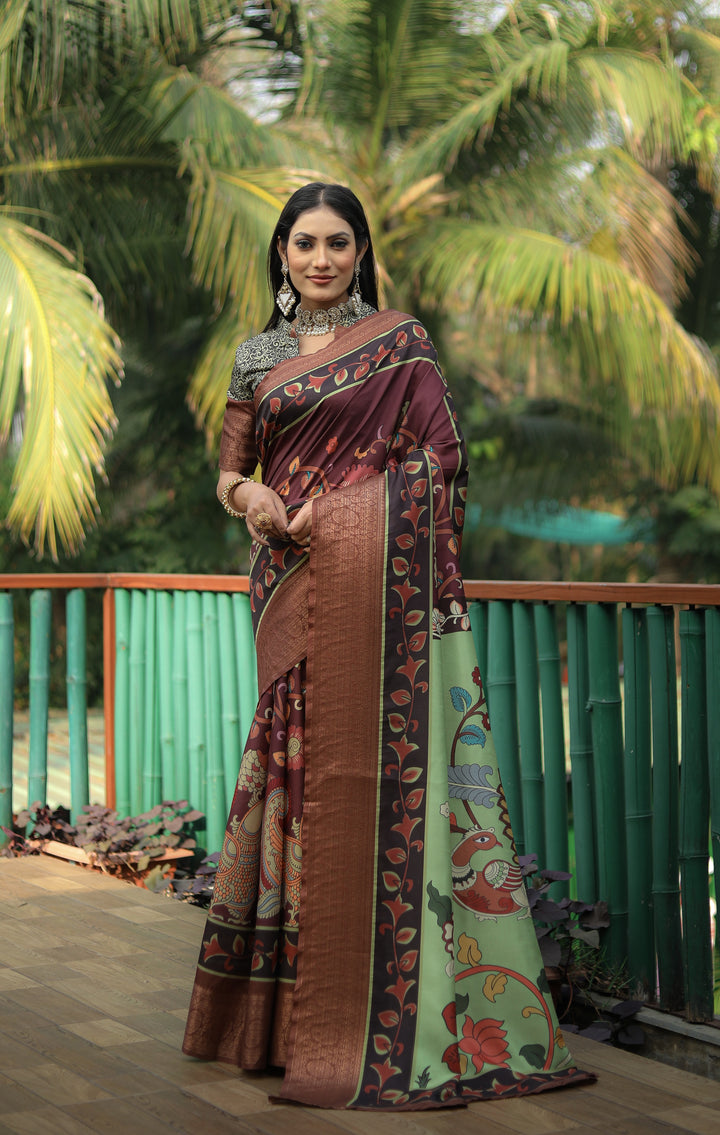 Dola-Silk Kalamkari Saree | Elegant Wevon-Border for Weddings & Festive Events