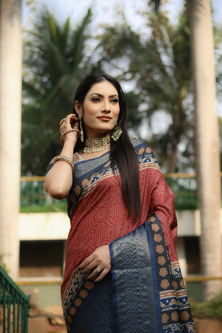 Dola-Silk Saree with Wevon-Border | Kalamkari Digital Printed for Weddings