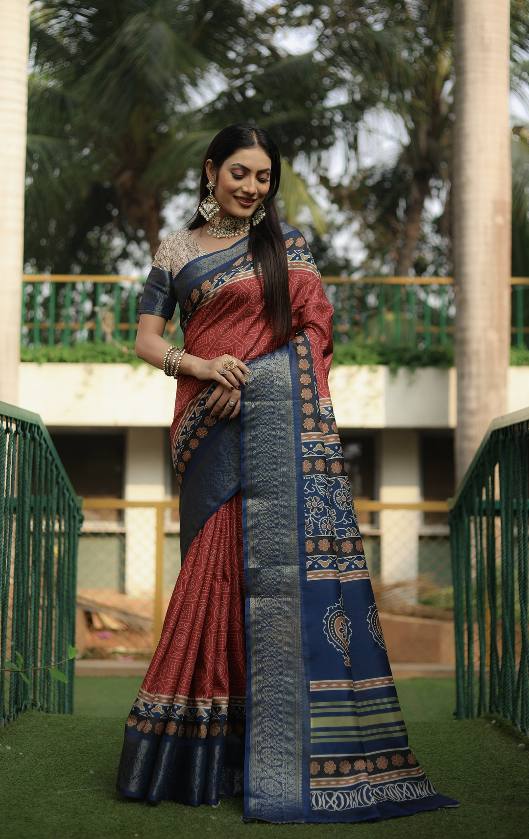 Dola-Silk Saree with Wevon-Border | Kalamkari Digital Printed for Weddings