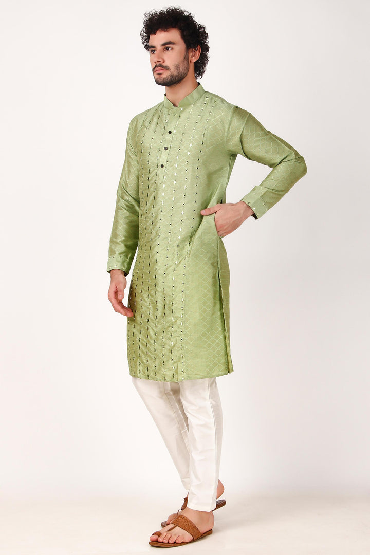 Designer Art Silk Kurta Pajama | Mirror Embroidery Work for Men