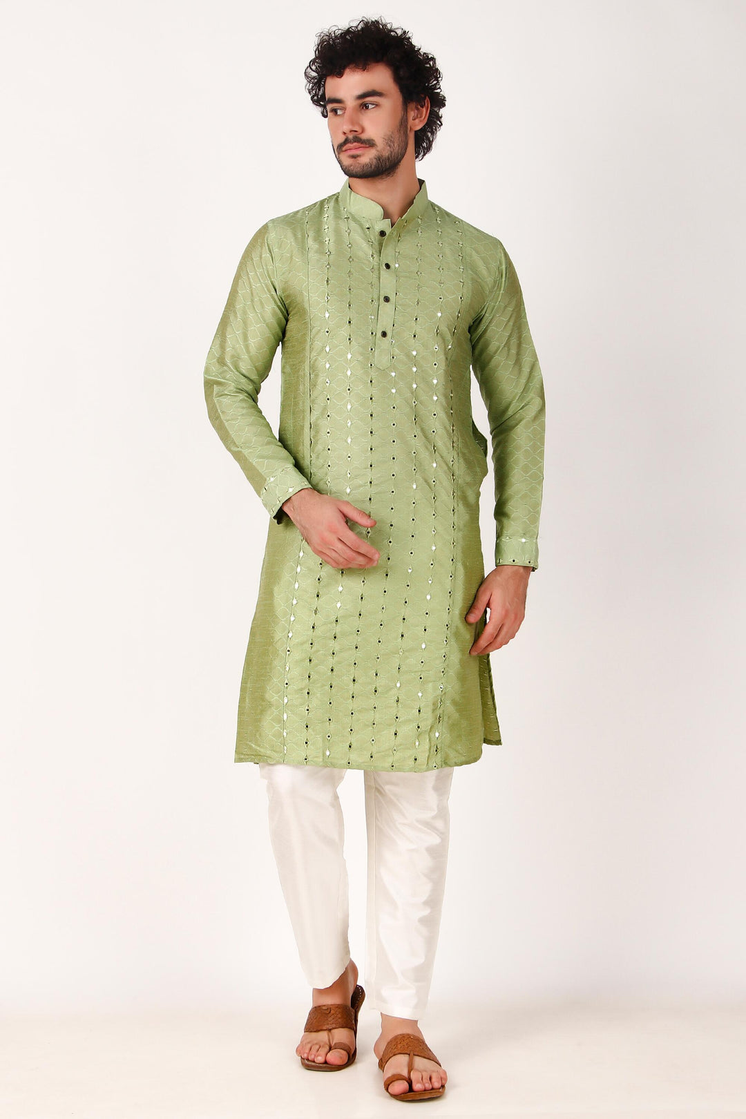 Designer Art Silk Kurta Pajama | Mirror Embroidery Work for Men