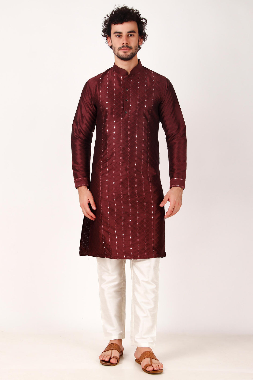 Designer Art Silk Kurta Pajama | Mirror Embroidery Work for Men