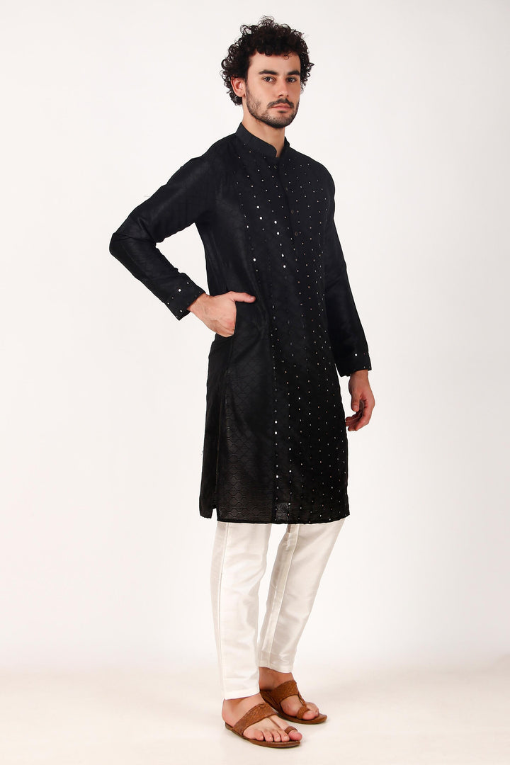 Designer Art Silk Kurta Pajama | Mirror Embroidery Work for Men