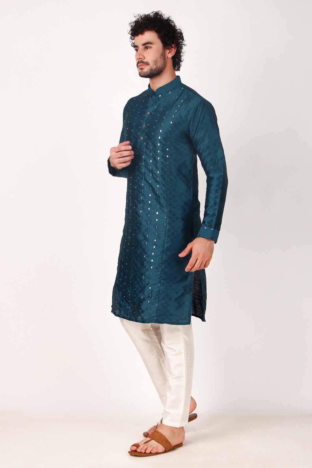 Designer Art Silk Kurta Pajama | Mirror Embroidery Work for Men