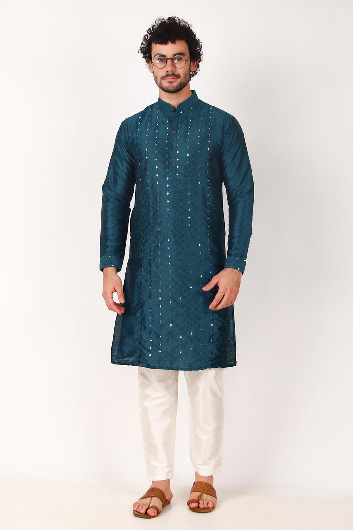 Designer Art Silk Kurta Pajama | Mirror Embroidery Work for Men