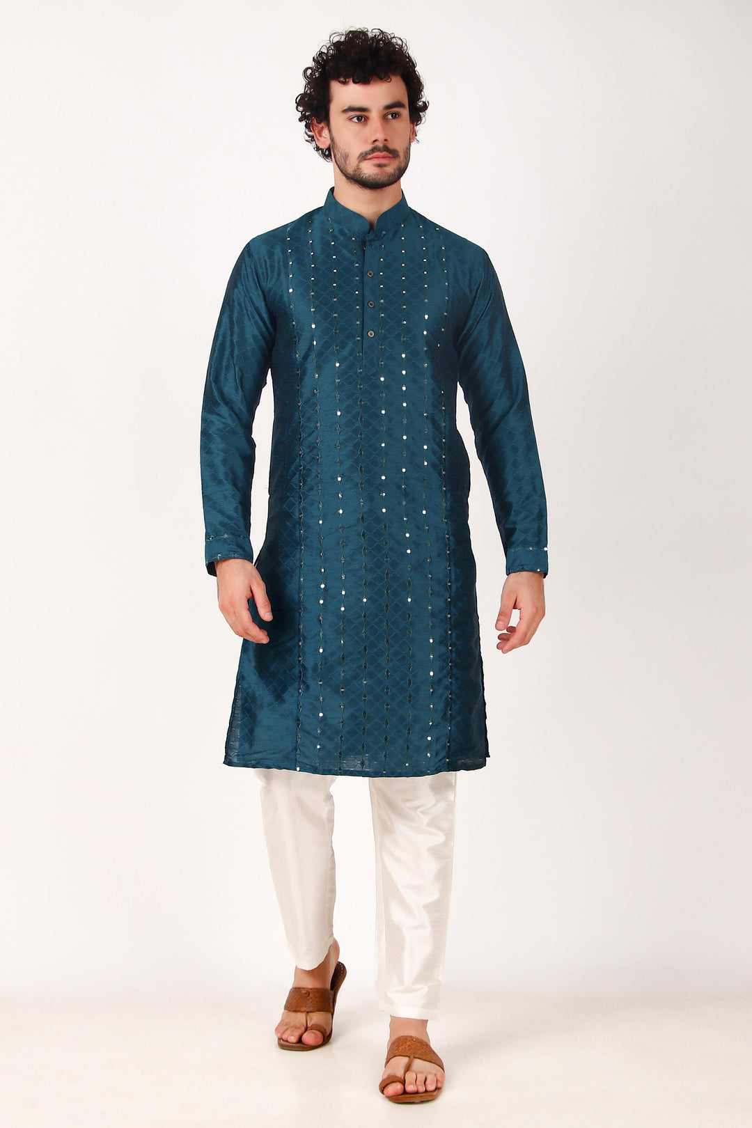 Designer Art Silk Kurta Pajama | Mirror Embroidery Work for Men