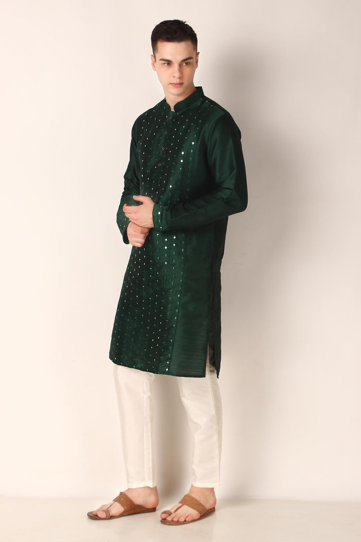 Khadi Silk Kurta with Art Silk Pajama | Mirror Embroidery for Festive Wear