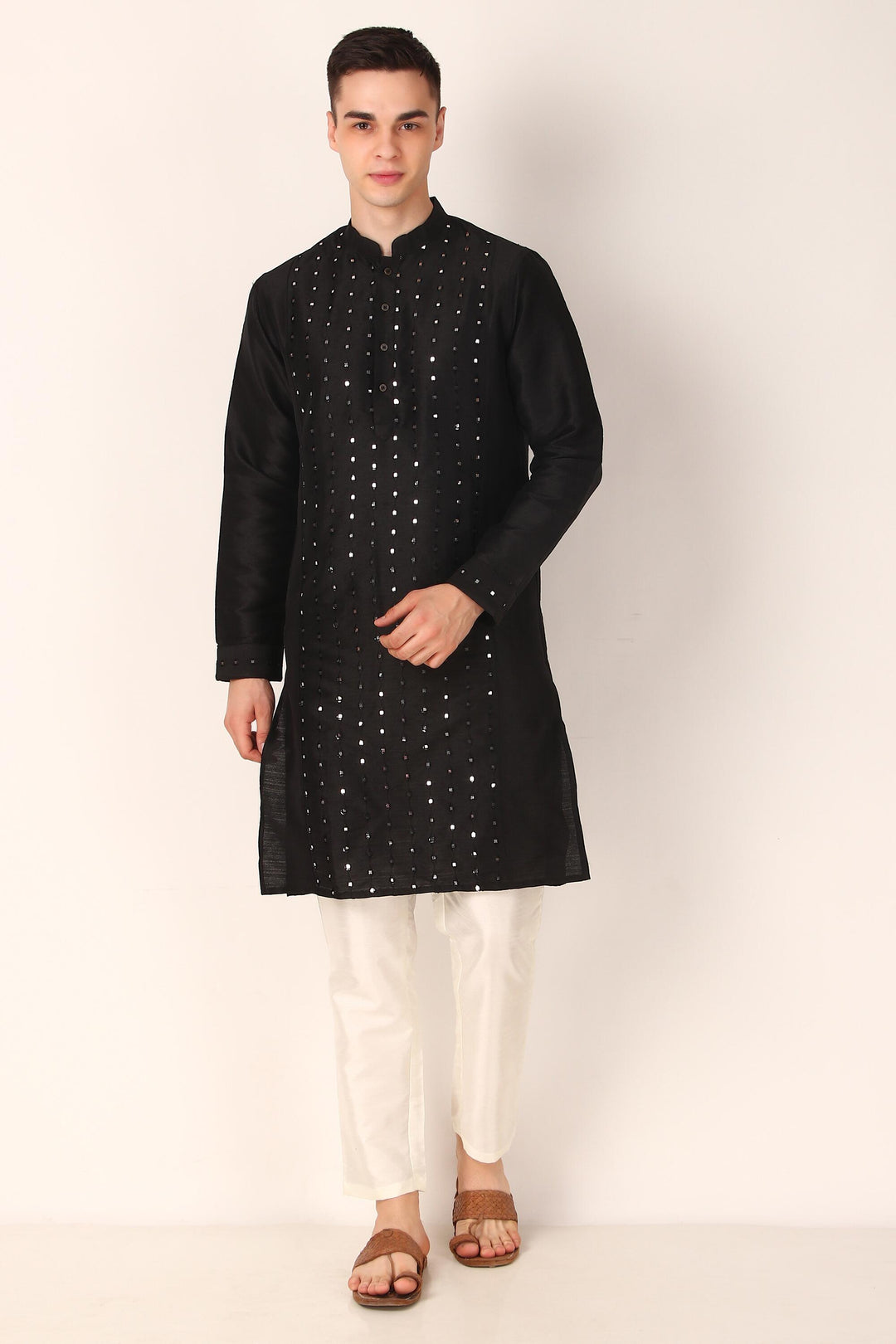 Khadi Silk Kurta with Art Silk Pajama | Mirror Embroidery for Festive Wear