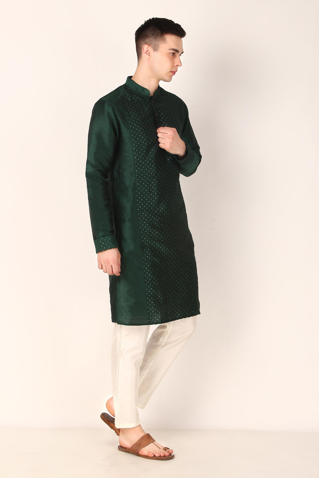 Designer Khadi Silk Kurta | Art Silk Pajama with Sequins Work