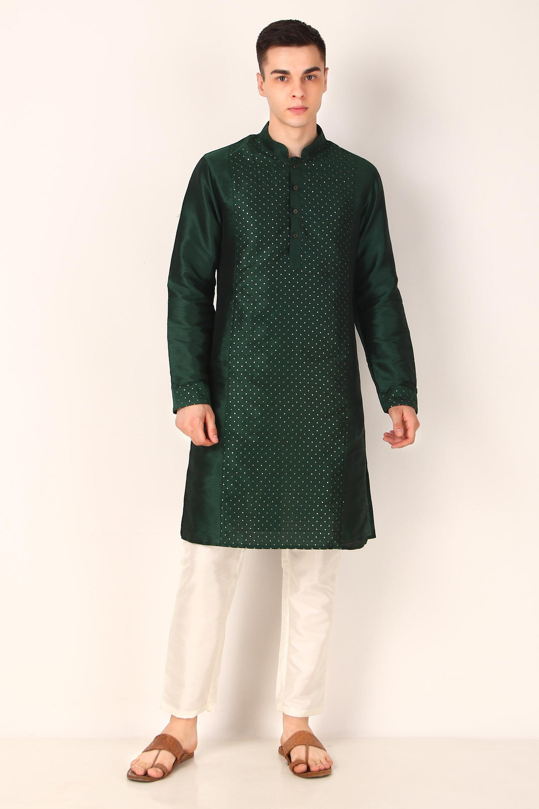 Designer Khadi Silk Kurta | Art Silk Pajama with Sequins Work