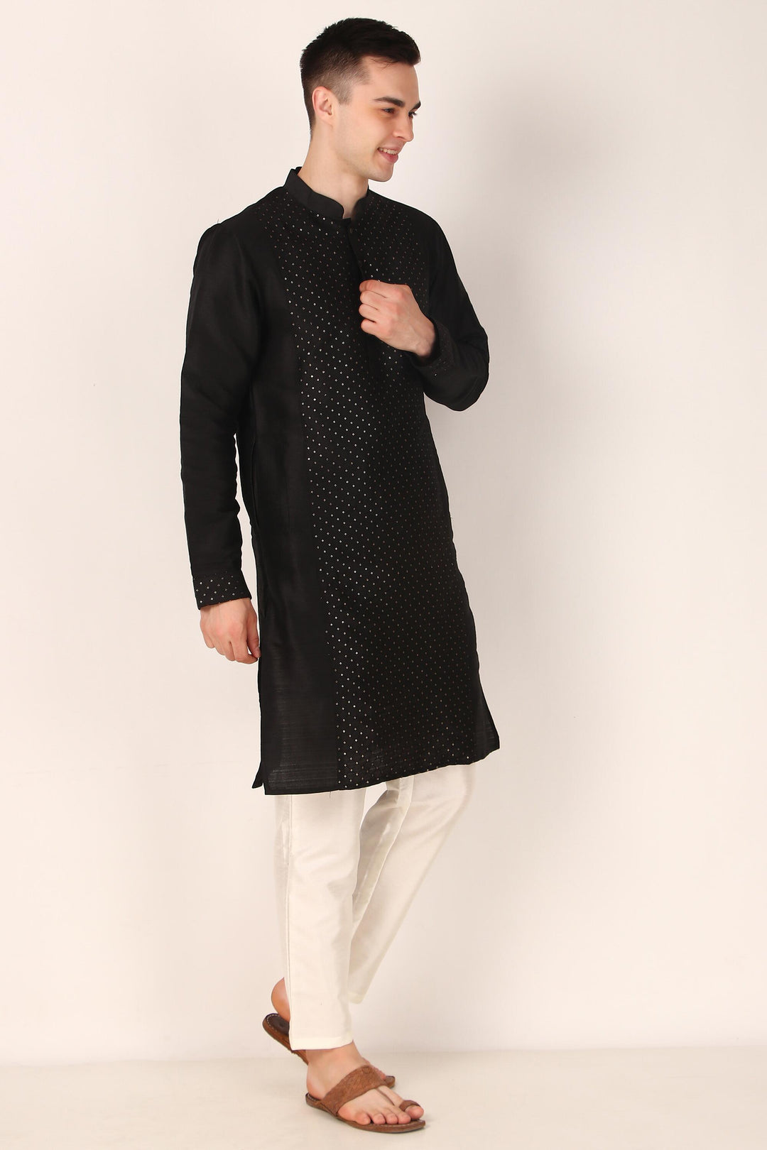 Designer Khadi Silk Kurta | Art Silk Pajama with Sequins Work