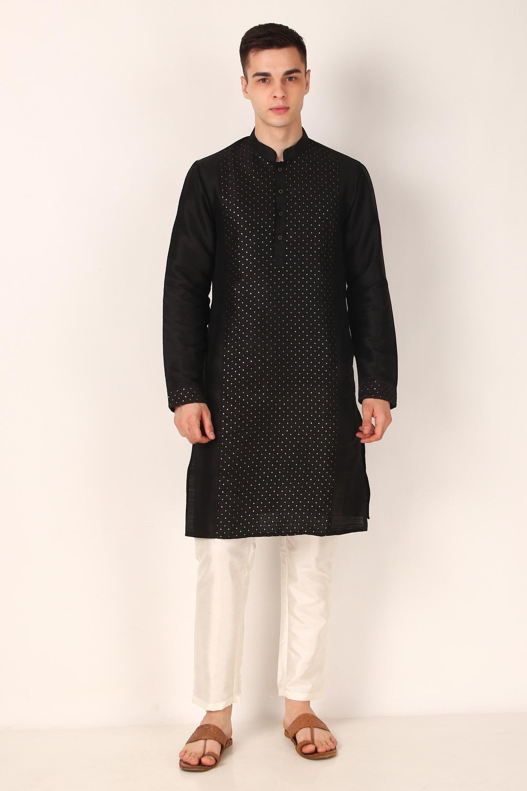 Designer Khadi Silk Kurta | Art Silk Pajama with Sequins Work