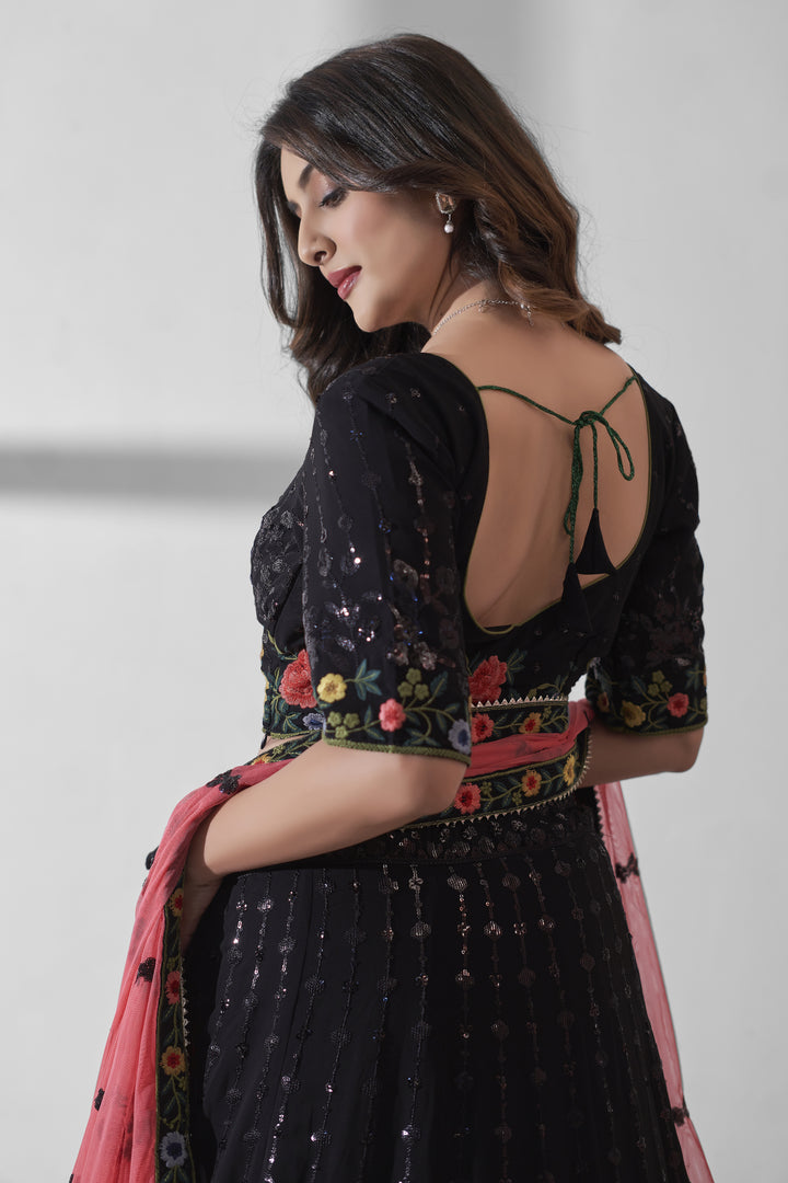 Elegant Black Lehenga | Georgette Fabric with Multy-Thread & Sequins Work