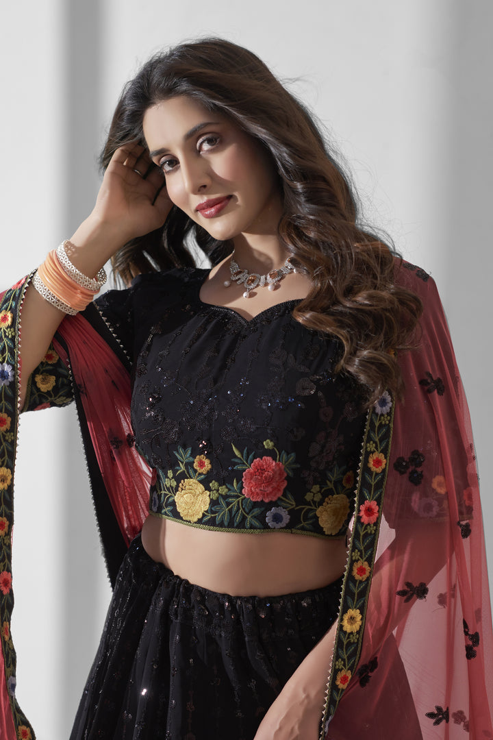 Elegant Black Lehenga | Georgette Fabric with Multy-Thread & Sequins Work