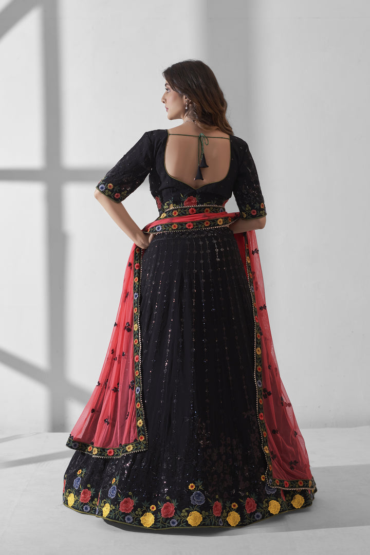 Elegant Black Lehenga | Georgette Fabric with Multy-Thread & Sequins Work