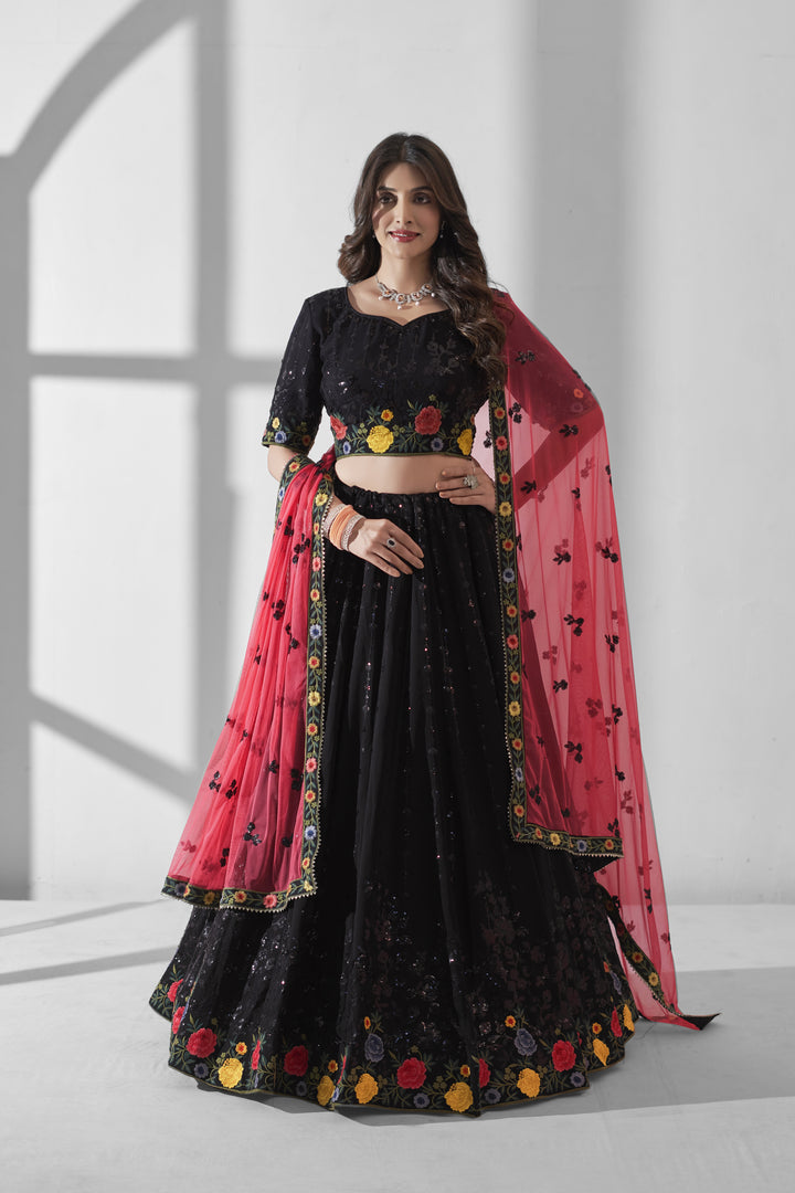 Elegant Black Lehenga | Georgette Fabric with Multy-Thread & Sequins Work