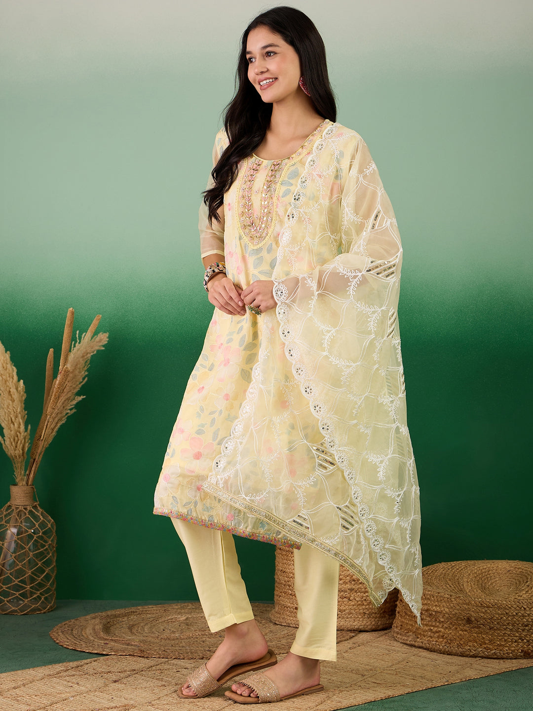 Stunning Organza Salwar Kameez with Floral Print and Embroidered Neckline | Perfect Festive Wear