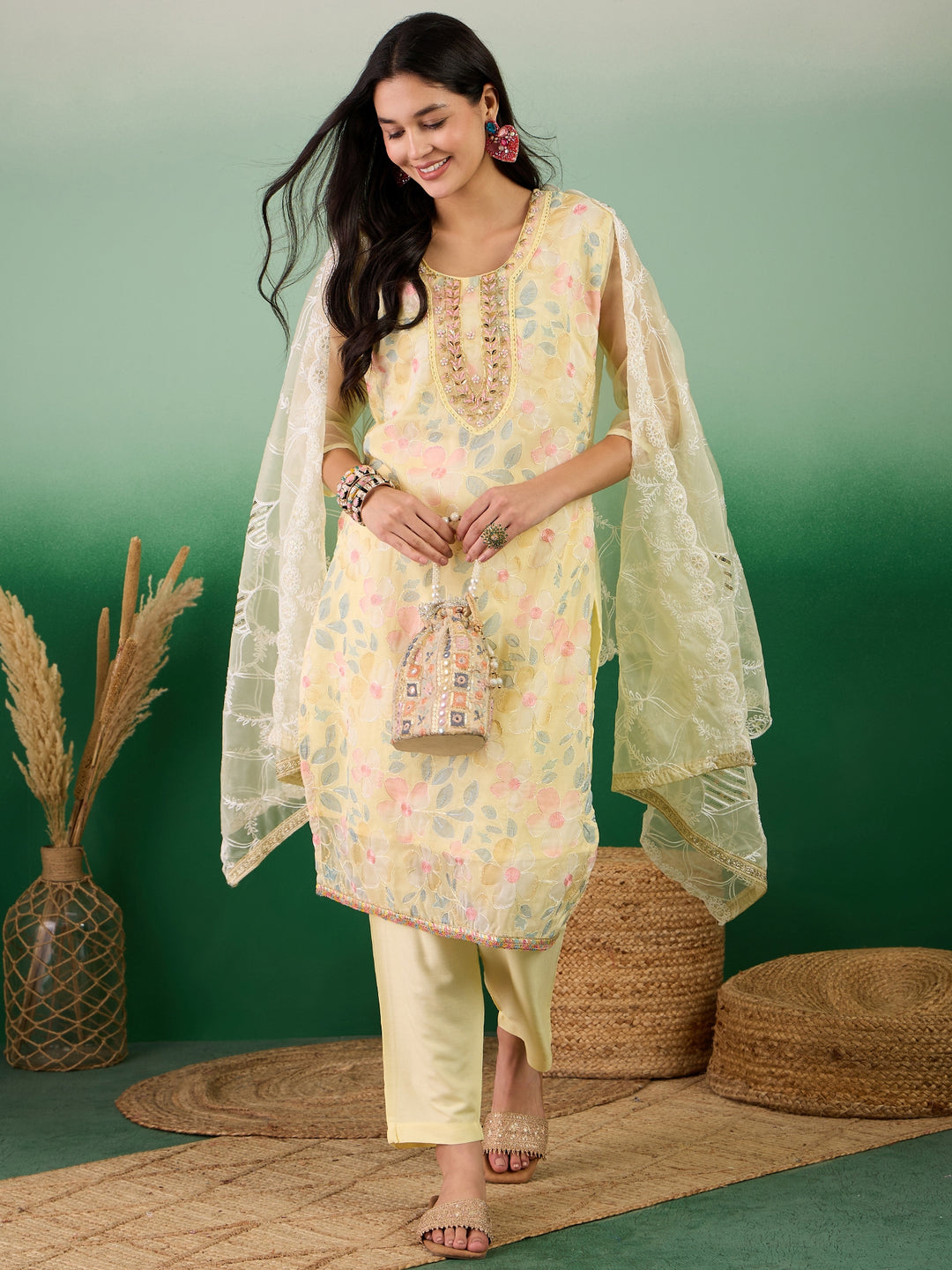 Stunning Organza Salwar Kameez with Floral Print and Embroidered Neckline | Perfect Festive Wear