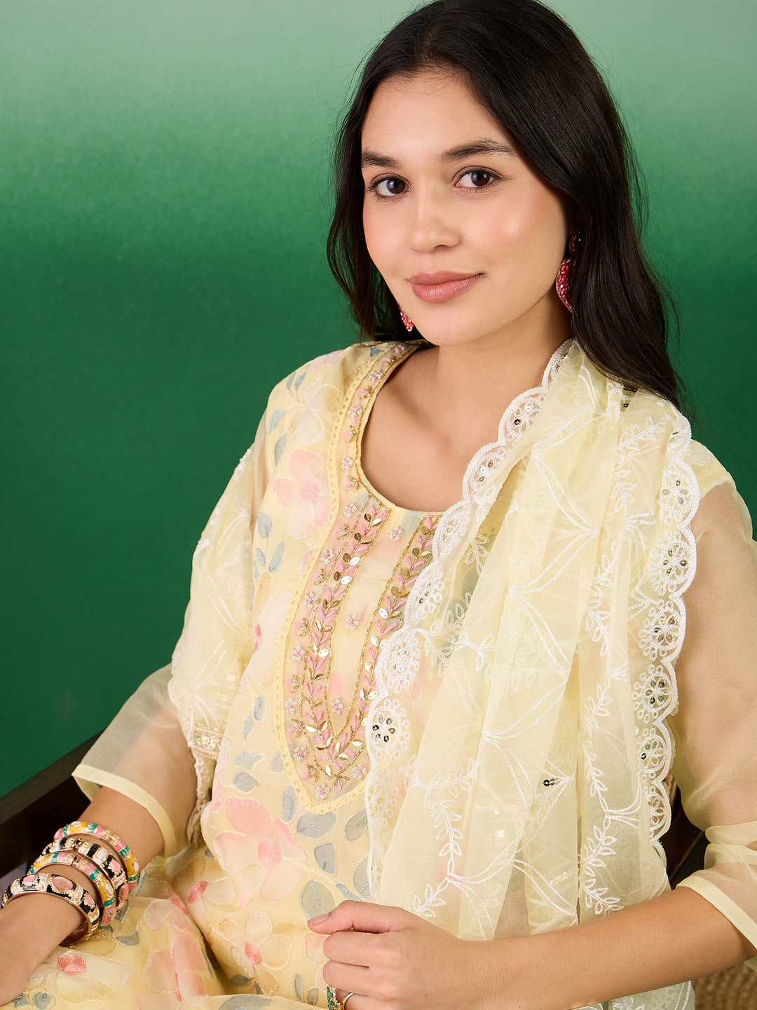 Stunning Organza Salwar Kameez with Floral Print and Embroidered Neckline | Perfect Festive Wear