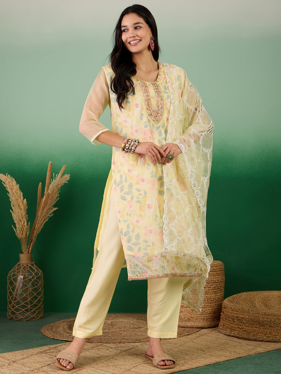 Stunning Organza Salwar Kameez with Floral Print and Embroidered Neckline | Perfect Festive Wear