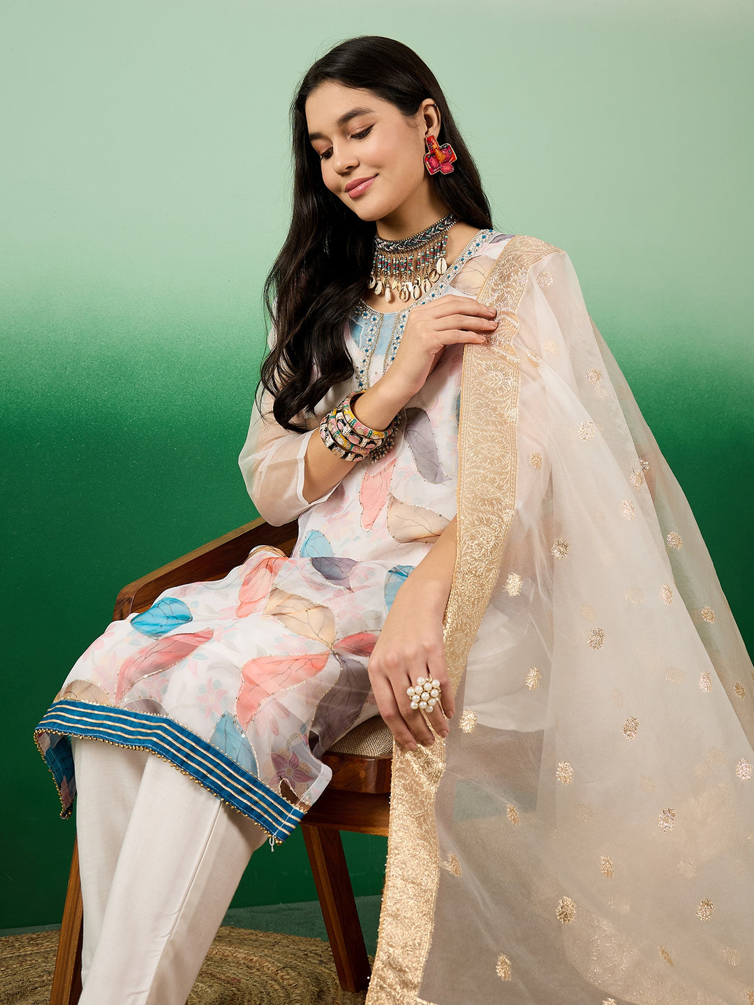 Stunning Organza Salwar Kameez with Floral Print and Embroidered Neckline | Perfect Festive Wear