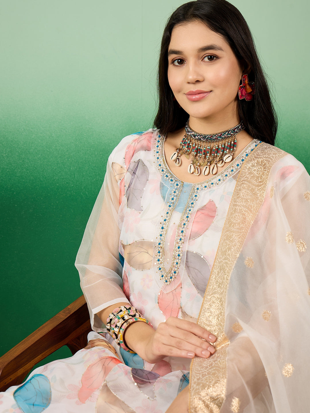 Stunning Organza Salwar Kameez with Floral Print and Embroidered Neckline | Perfect Festive Wear