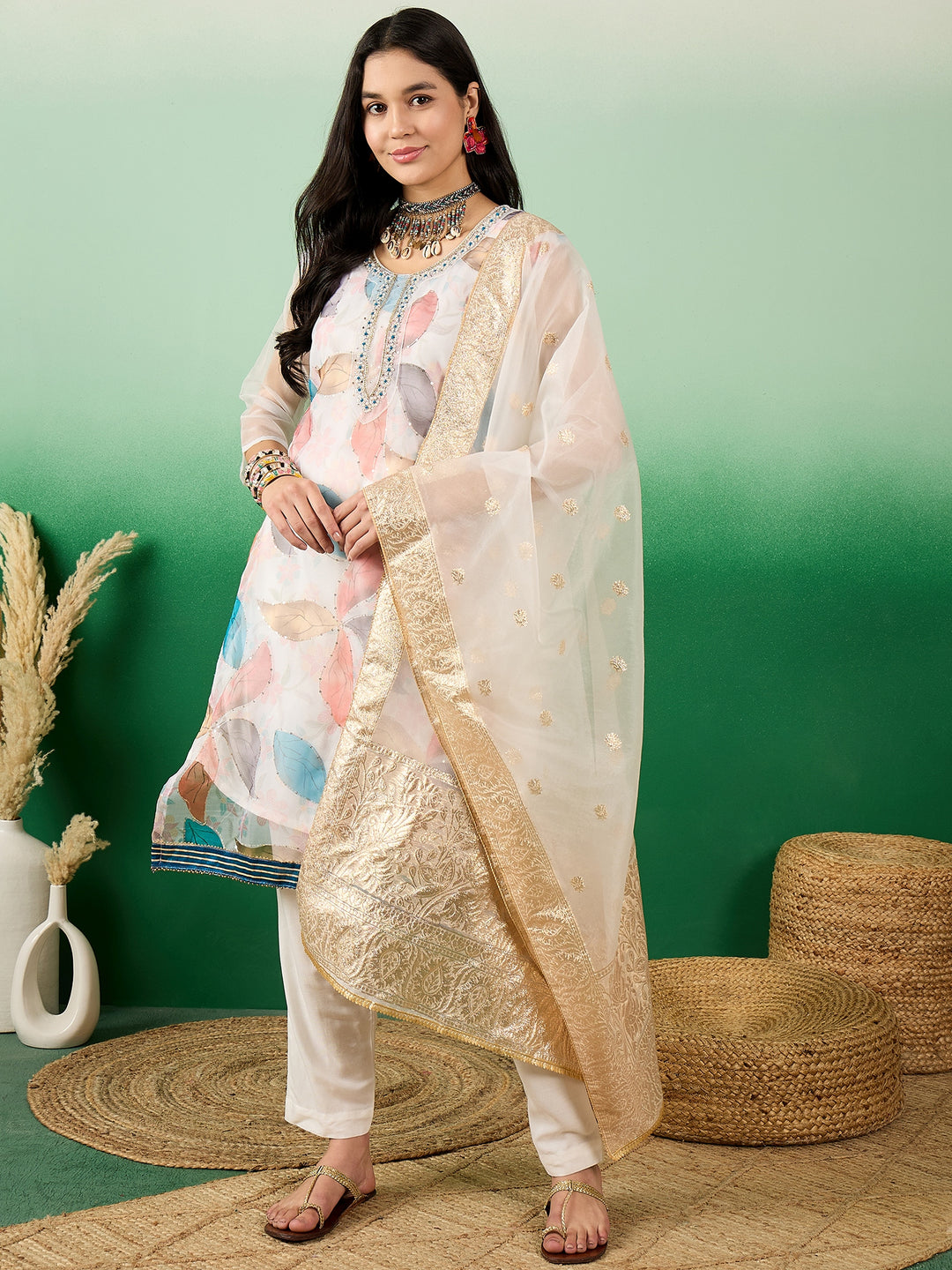 Stunning Organza Salwar Kameez with Floral Print and Embroidered Neckline | Perfect Festive Wear