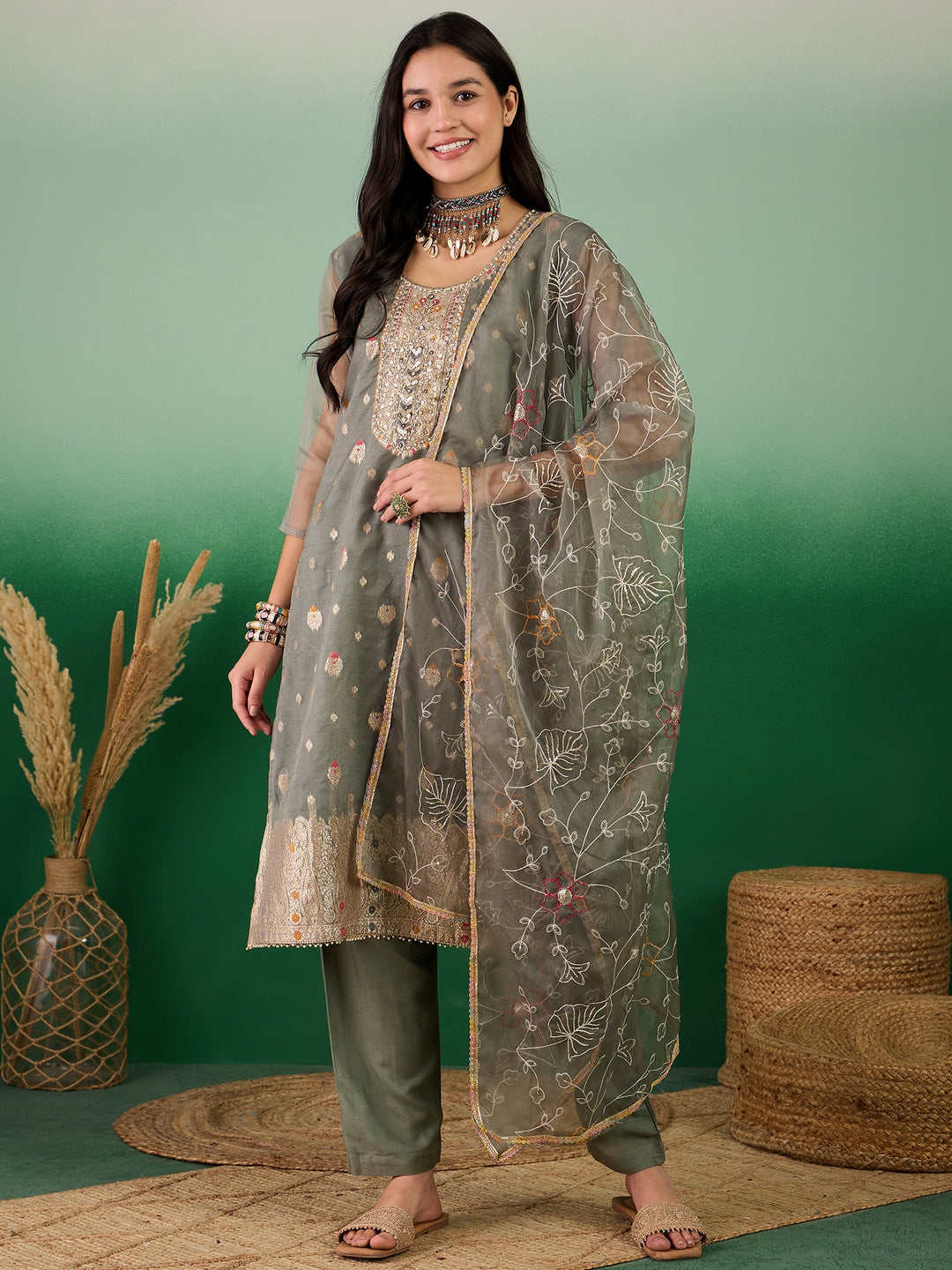 Stunning Organza Salwar Kameez with Floral Print and Embroidered Neckline | Perfect Festive Wear