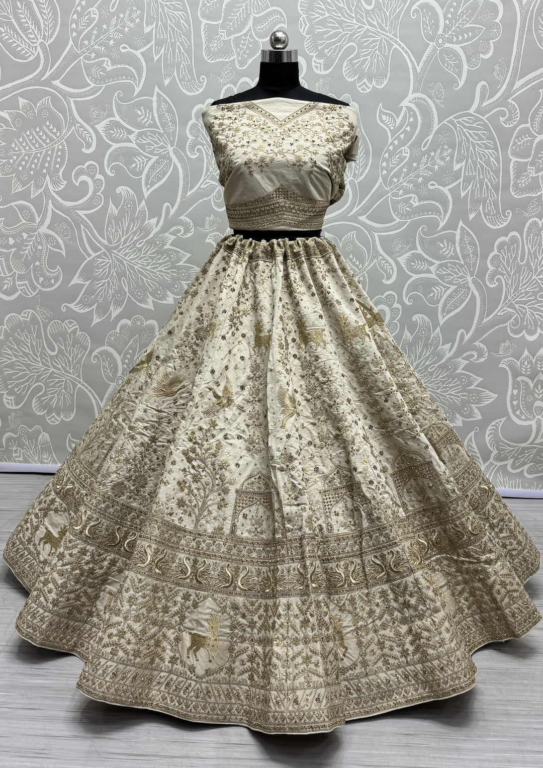 Beige Designer Silk Lehenga | Intricate Dori Work & Diamond Sequins