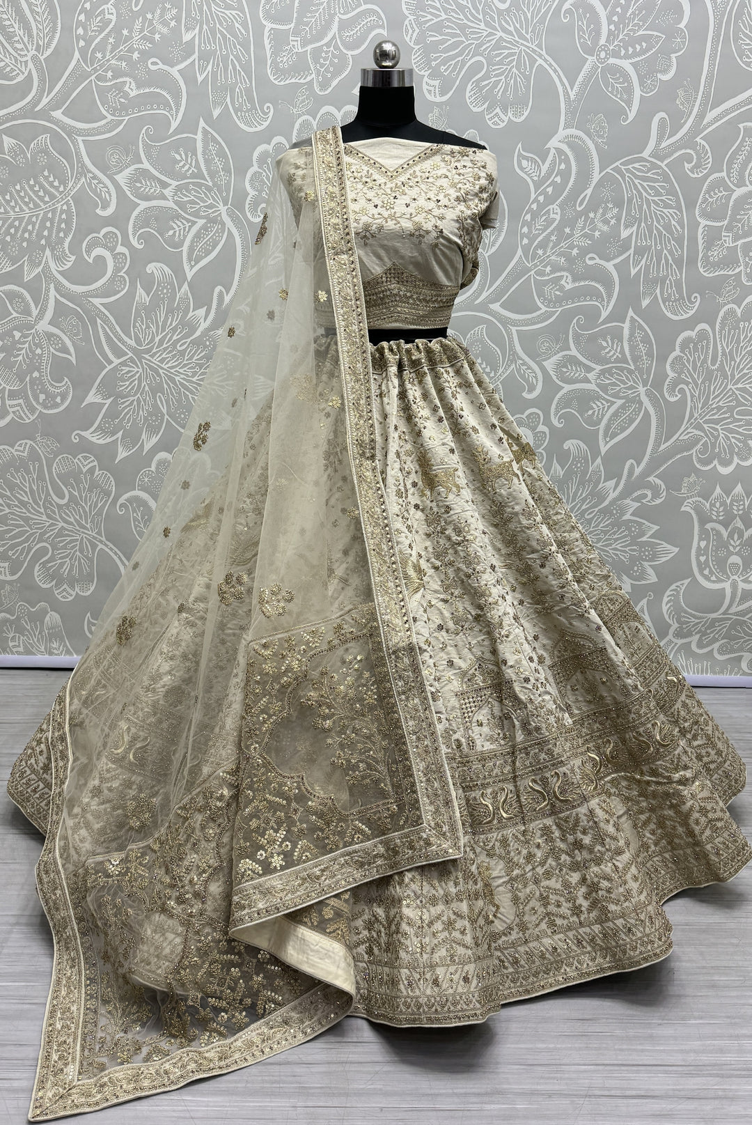 Beige Designer Silk Lehenga | Intricate Dori Work & Diamond Sequins