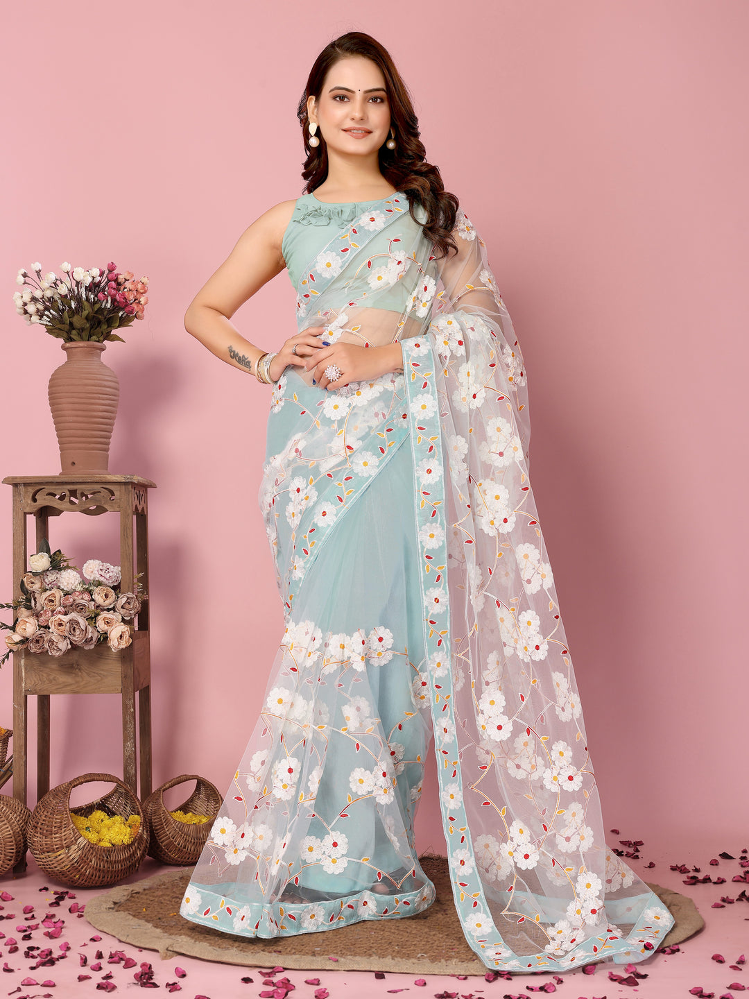 Designer Net Saree with Banarasi Silk | Elegant Embroidery for Weddings