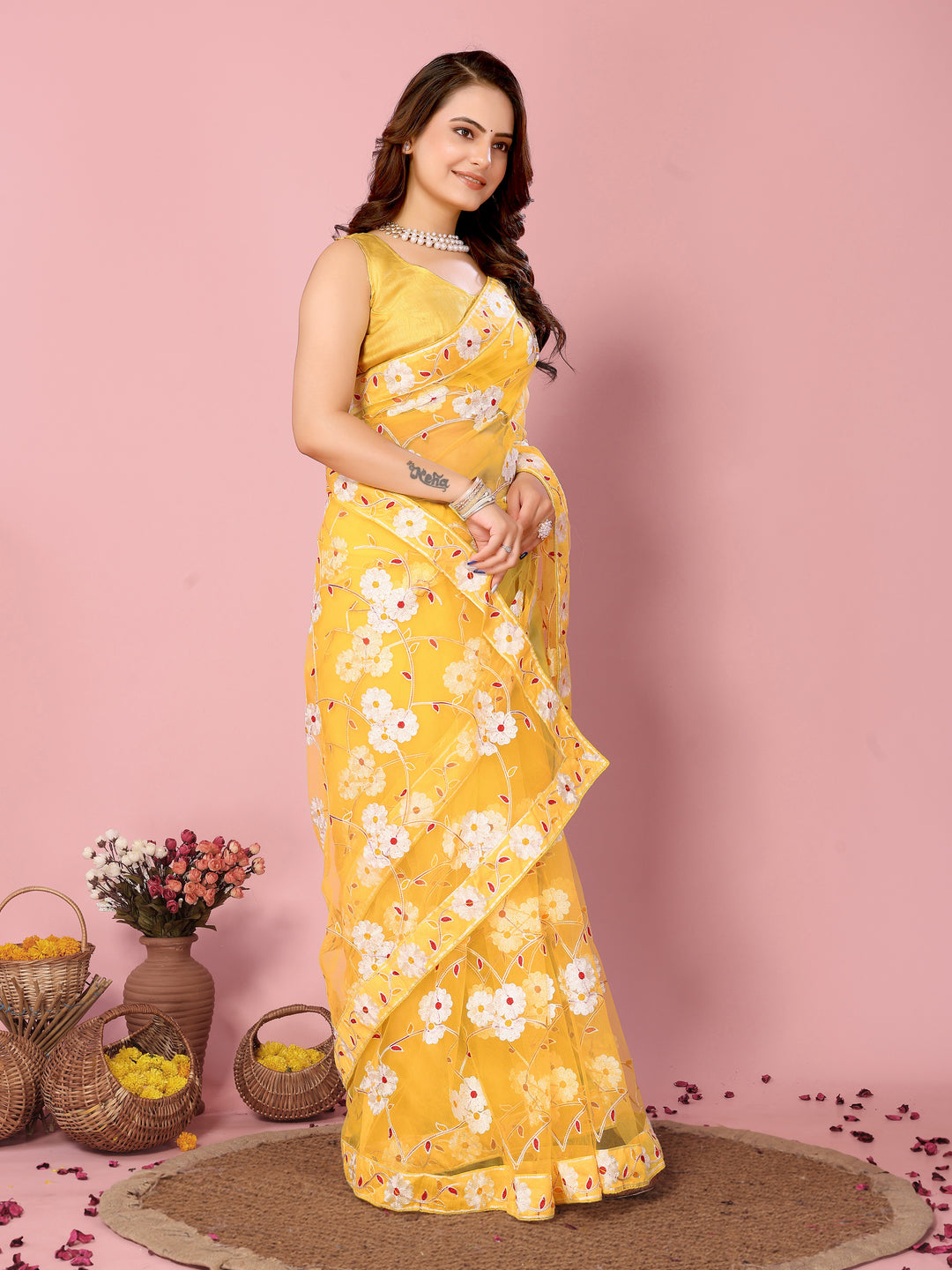 Designer Net Saree with Banarasi Silk | Elegant Embroidery for Weddings