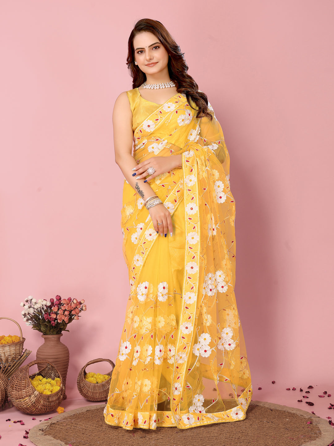 Designer Net Saree with Banarasi Silk | Elegant Embroidery for Weddings