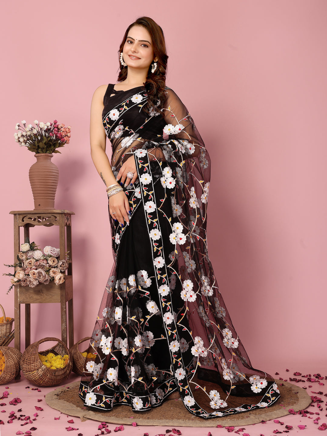 Designer Net Saree with Banarasi Silk | Elegant Embroidery for Weddings