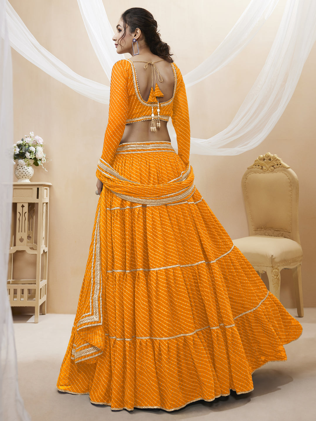 Luxe Georgette Lehenga | Vibrant Laheriya Print & Delicate Lace Work