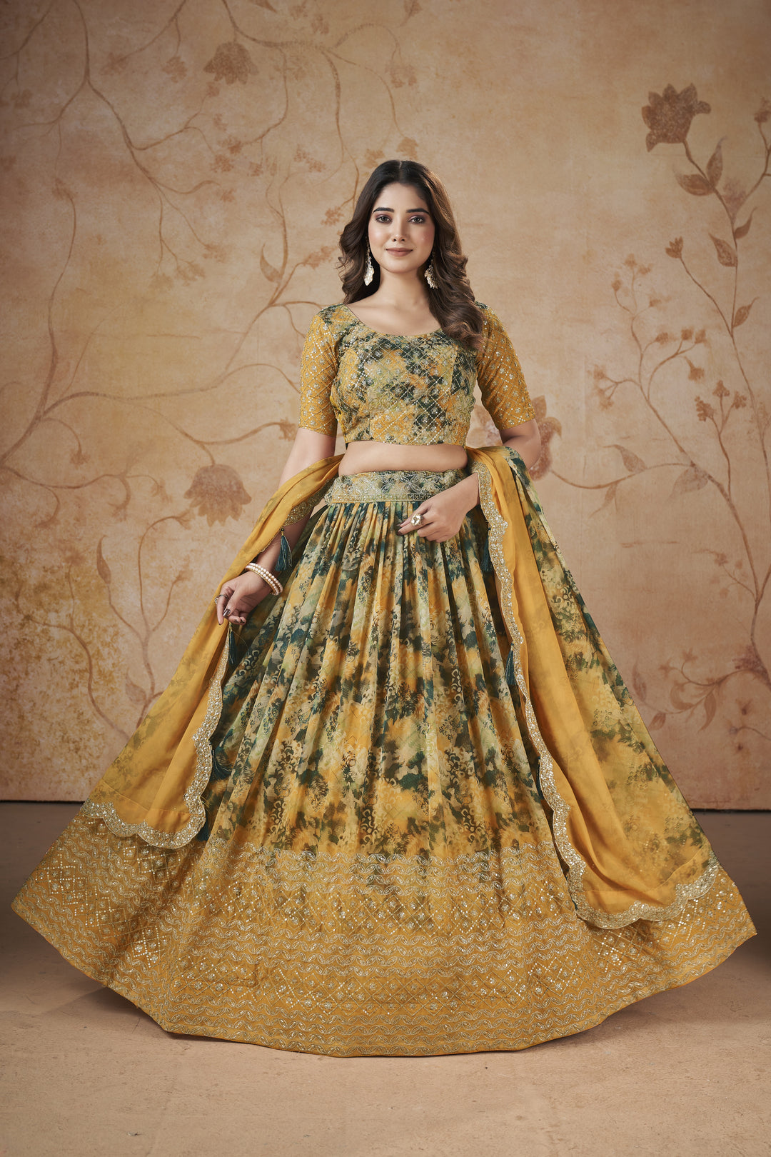 Digital-Printed Faux-Georgette Lehenga | Jari & Sequins Embroidery Party Wear