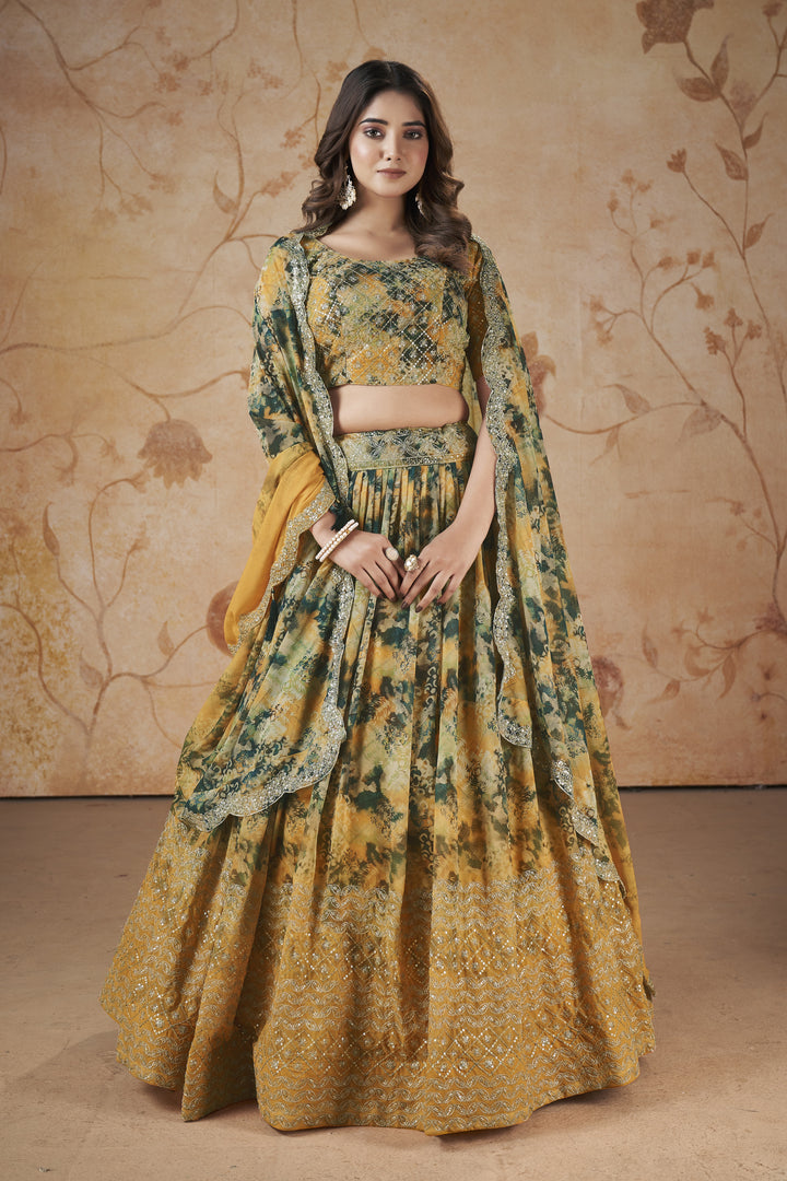 Digital-Printed Faux-Georgette Lehenga | Jari & Sequins Embroidery Party Wear