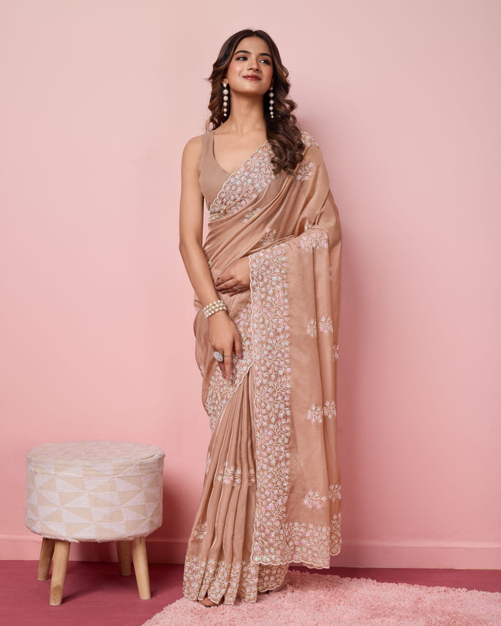 Elegant Tabby Silk Saree with Sequins Embroidery | Perfect for Weddings & Parties