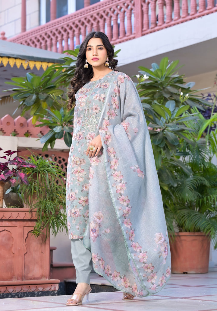 Stunning Linen Salwar Kameez with Floral Embroidery | Perfect Festive Wear