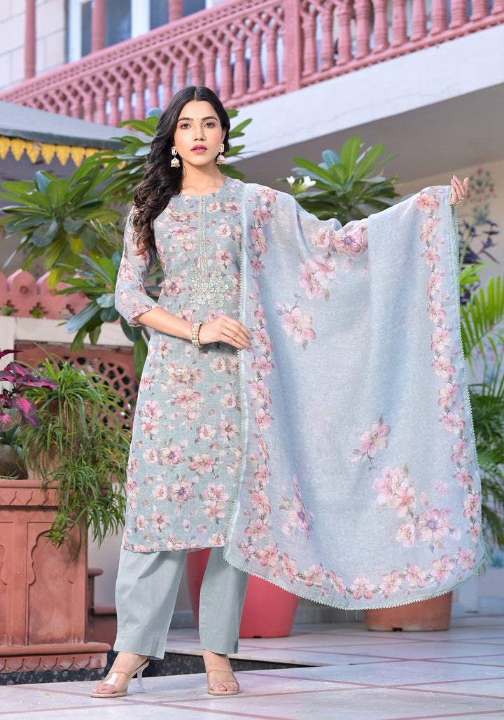 Stunning Linen Salwar Kameez with Floral Embroidery | Perfect Festive Wear