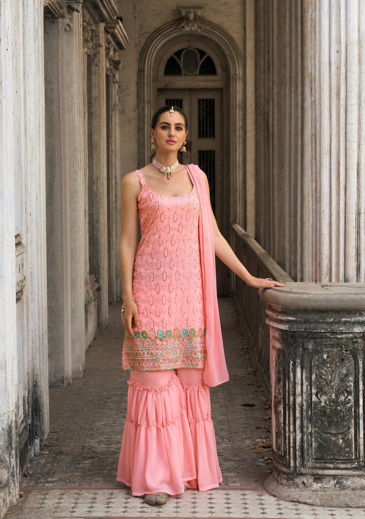 Elegant Faux Georgette Sharara Set with Intricate Embroidery and Flared Pants