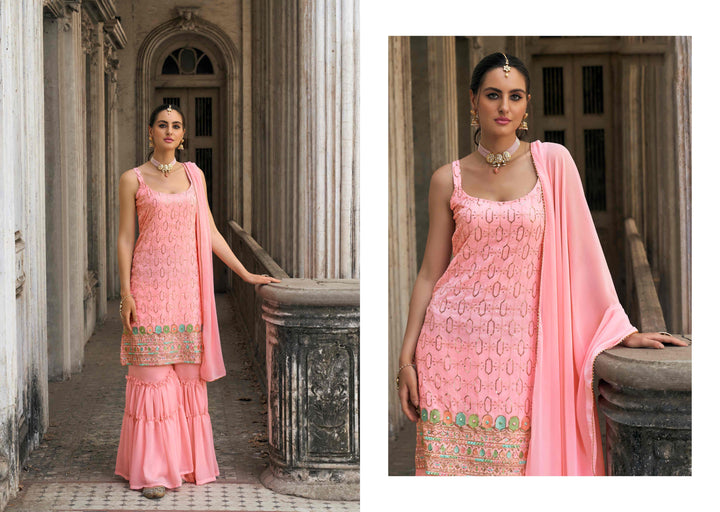 Elegant Faux Georgette Sharara Set with Intricate Embroidery and Flared Pants