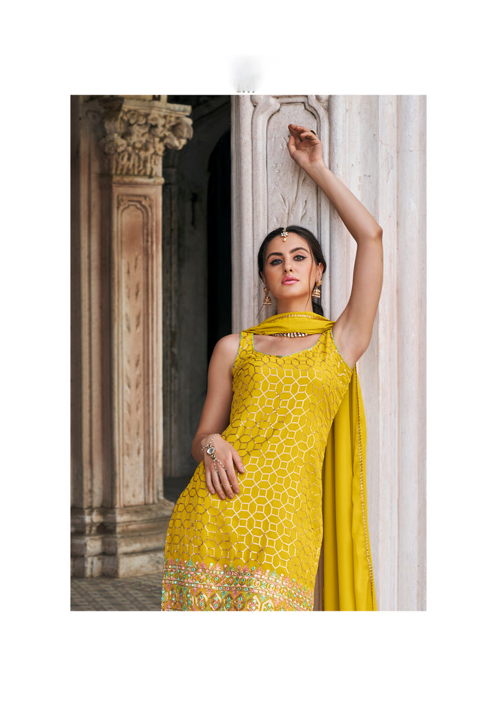 Elegant Faux Georgette Sharara Set with Intricate Embroidery and Flared Pants