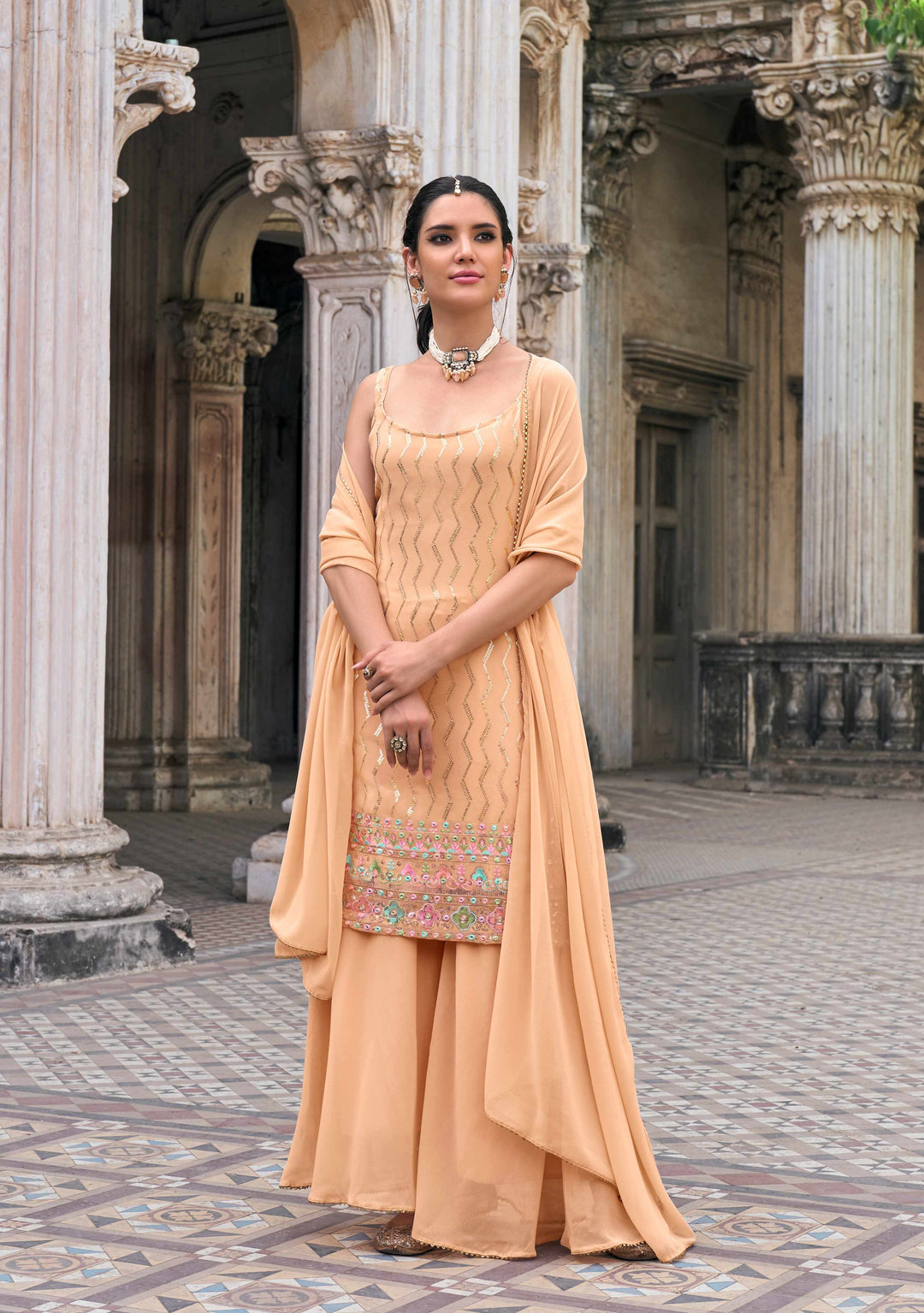 Elegant Faux Georgette Sharara Set with Intricate Embroidery and Flared Pants