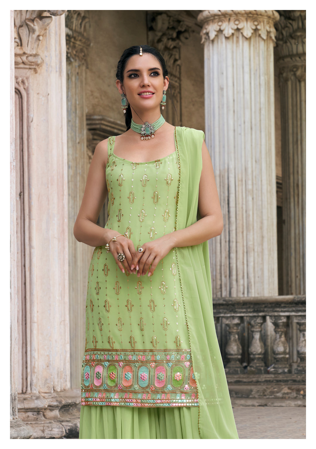 Elegant Faux Georgette Sharara Set with Intricate Embroidery and Flared Pants